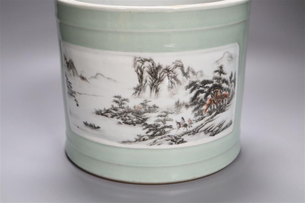 A large Chinese cylindrical celadon glazed brush pot, 18cm high